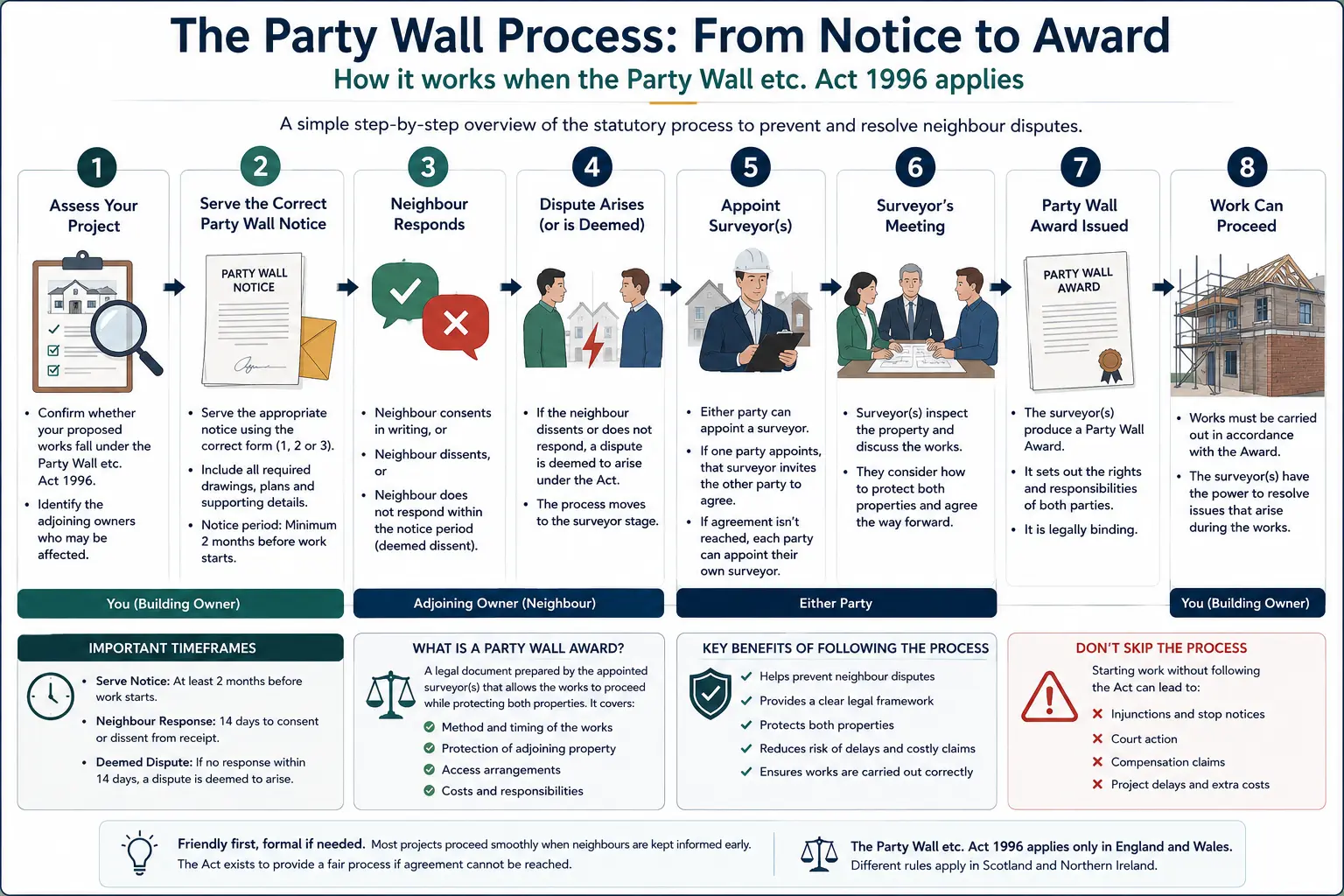 Do I Need a Party Wall Agreement? An infographic showing the party wall process from notice to award in a very interactive way for the citizens living in Banbury, UK