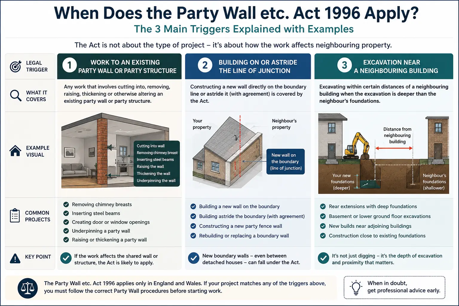 Do I Need a Party Wall Agreement? An infographic showing when does the party wall etc act 1996 apply like excavation, junction, painting, in Banbury, UK